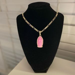 Plated Gold Pink Virgen Mary Pendant & Necklace